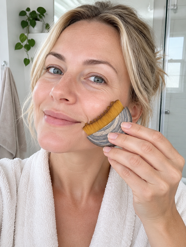 Vrouw met de BellaBrush tegen haar wang