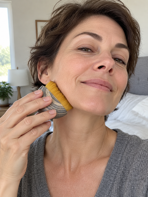 Vrouw gebruikt de BellaBrush langs haar kaak