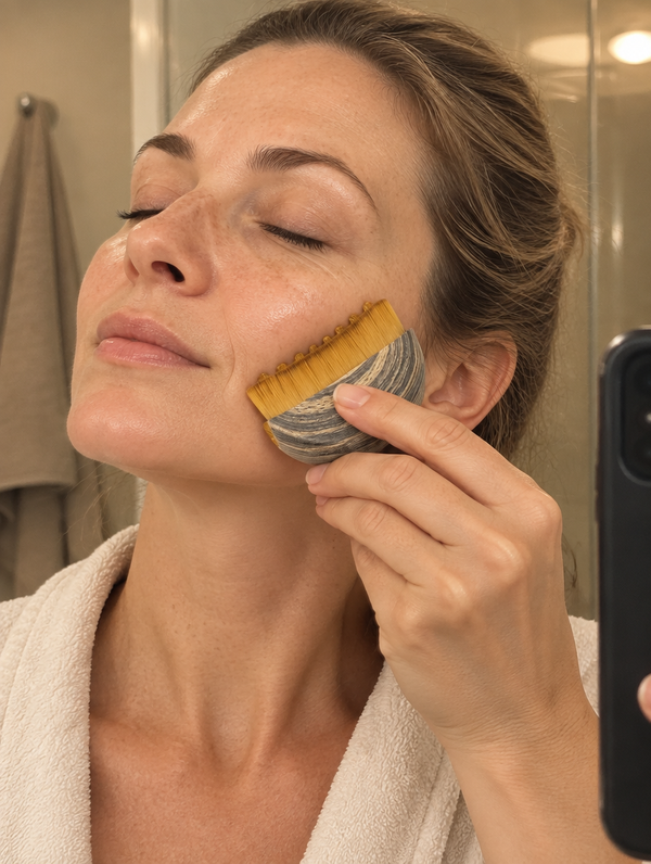 Vrouw gebruikt de BellaBrush voor de spiegel